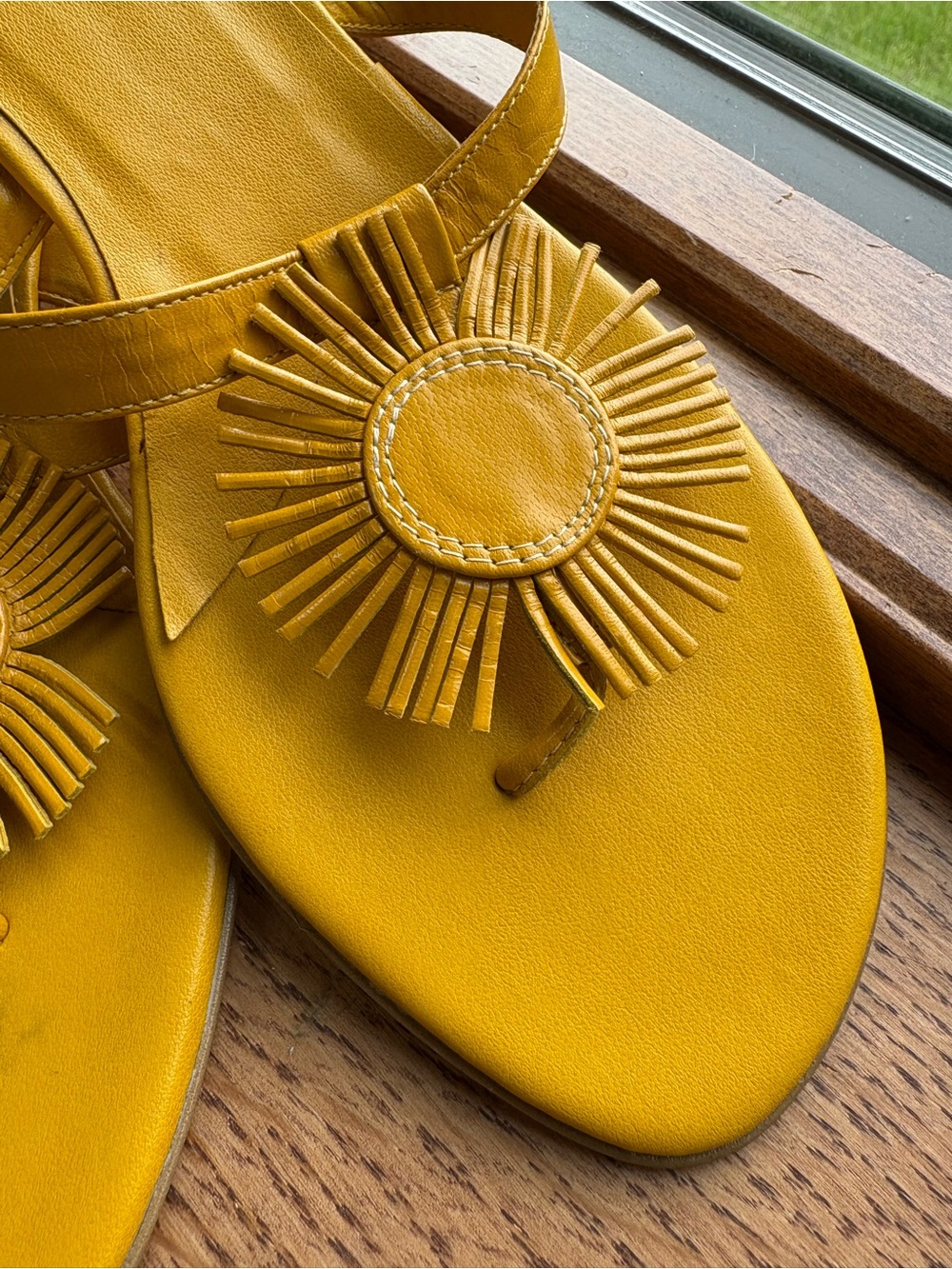 Unisa Mustard Yellow Leather Fringe Sunburst Thong Sandals - Picture 2 of 9